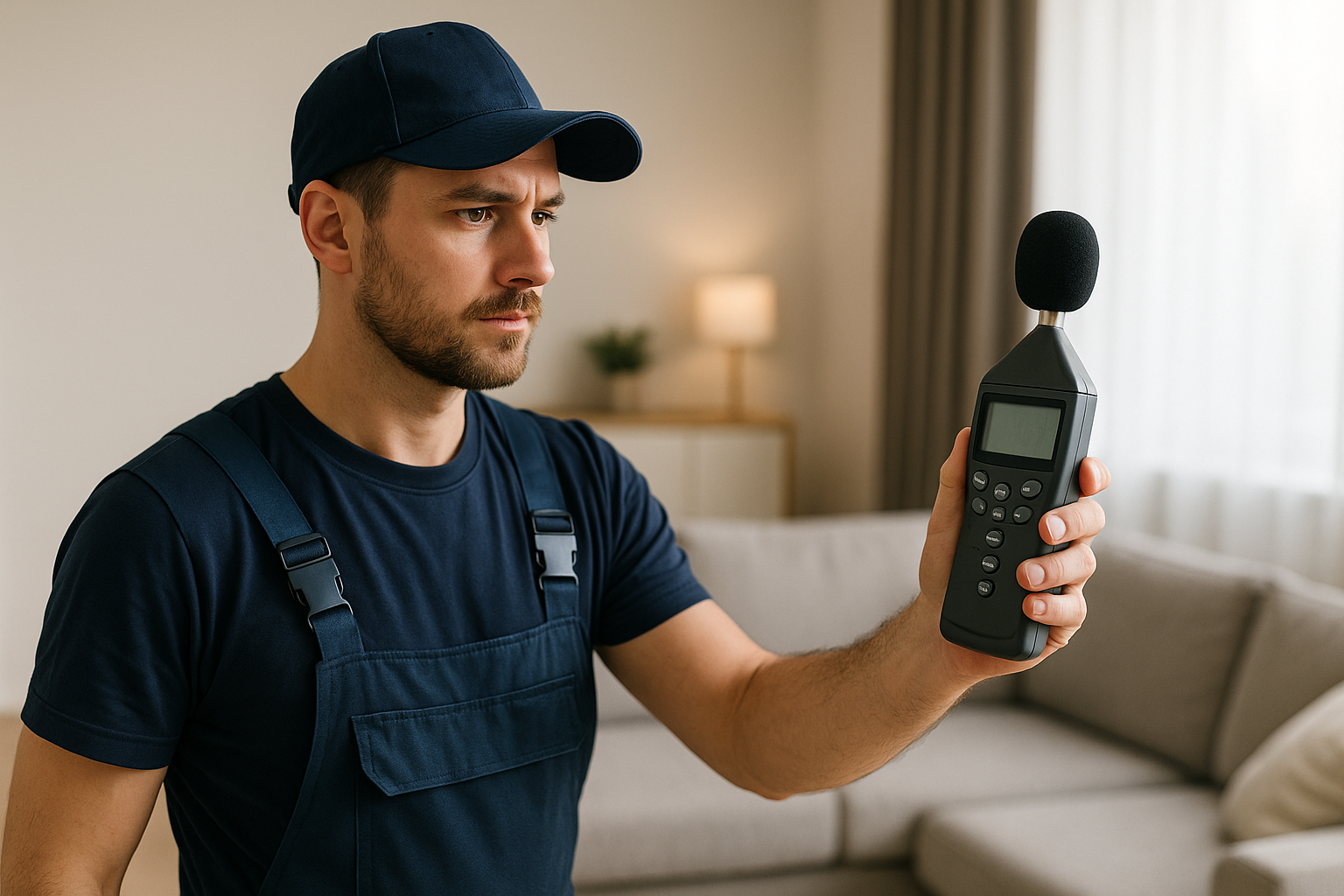 Installer with a noise meter in a residential building